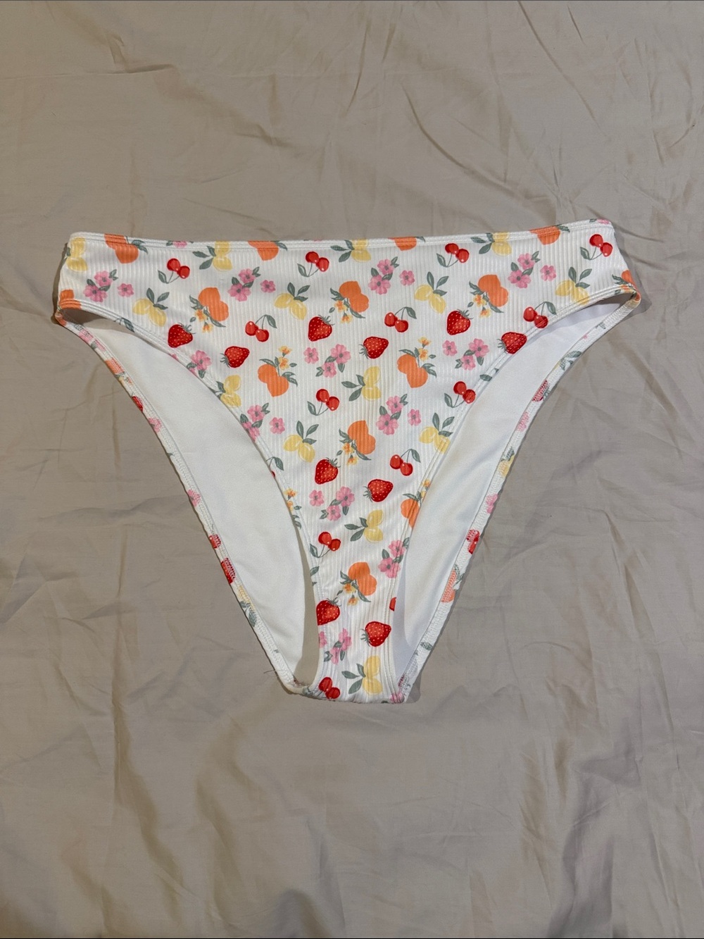 Hollister White Floral & Fruit Ribbed Bikini Bottoms